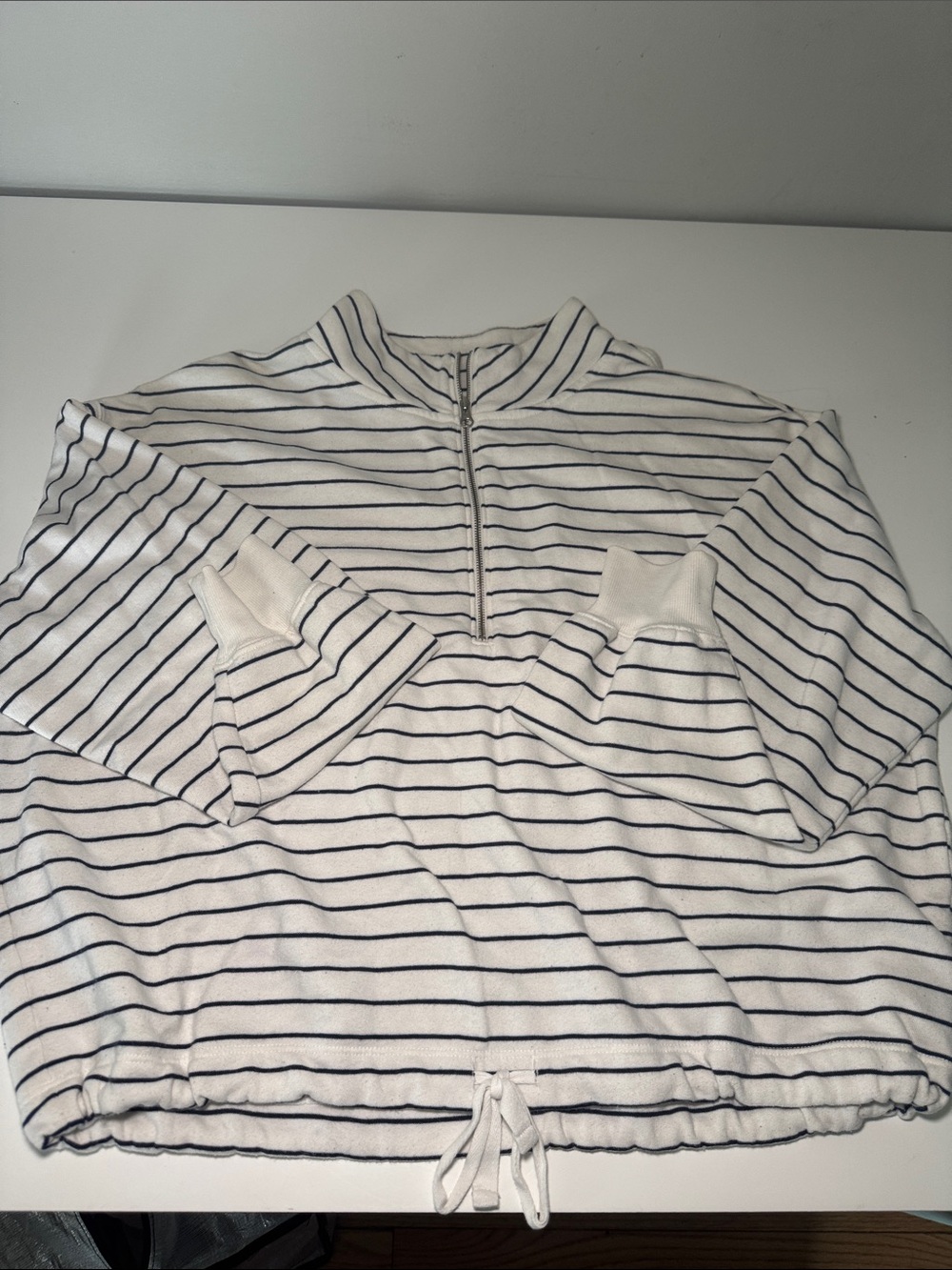 Striped Half-Zip Pullover Sweatshirt - White with Navy Stripes